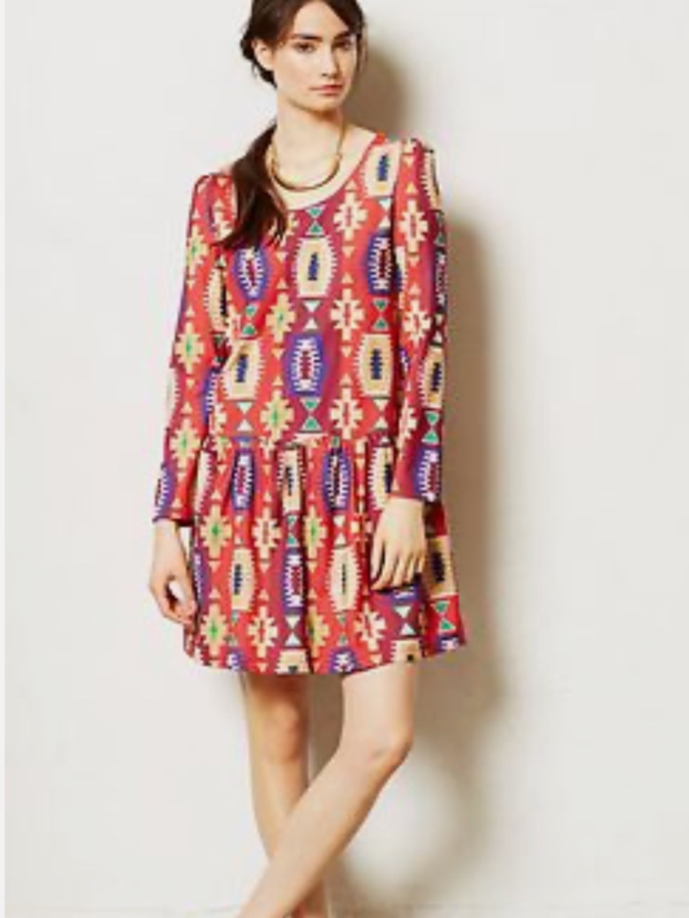 Anthropologie Dollcake Magenta Aztec Print Dress with Teal & Yellow Accents